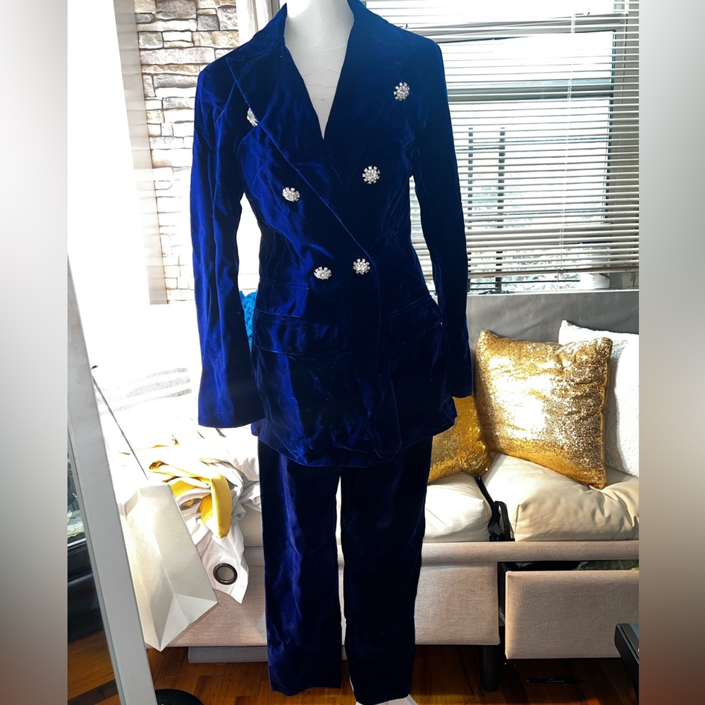Royal Blue Velvet Suit with Crystal Buttons